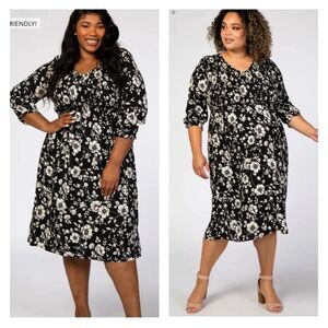 Polagram L Dress Hawaiian Floral Black & White Half Sleeve Lined Shirred